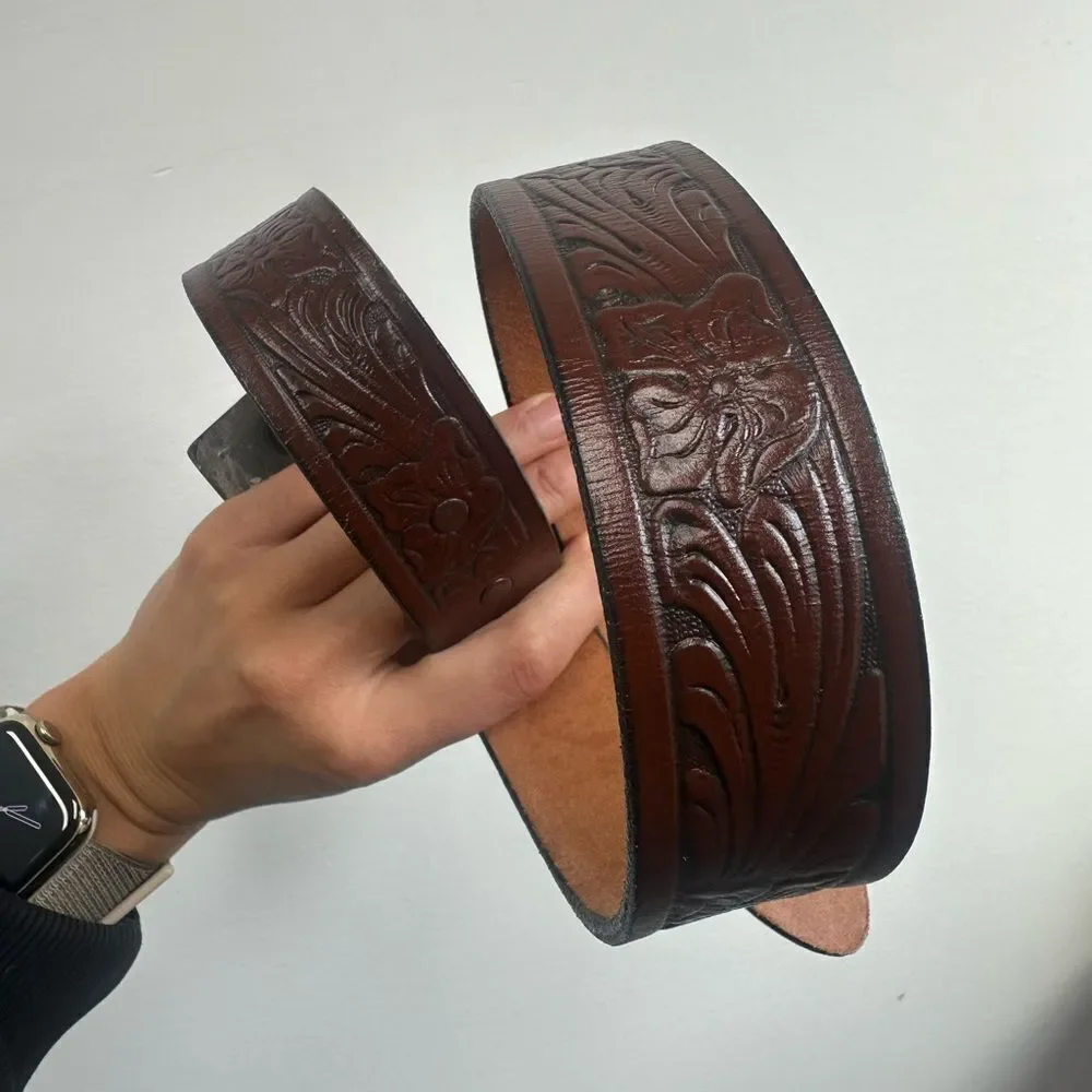 Broomfield Colorado 1975 Heavy Brass Buckle Brown Tooled Leather Belt Size S